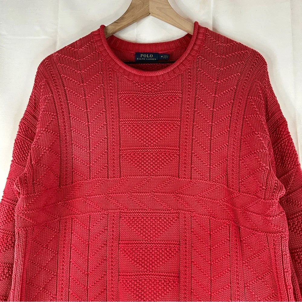 POLO RALPH LAUREN Men’s Size M Sweater Crew Neck Cotton Pullover Red Cable Knit